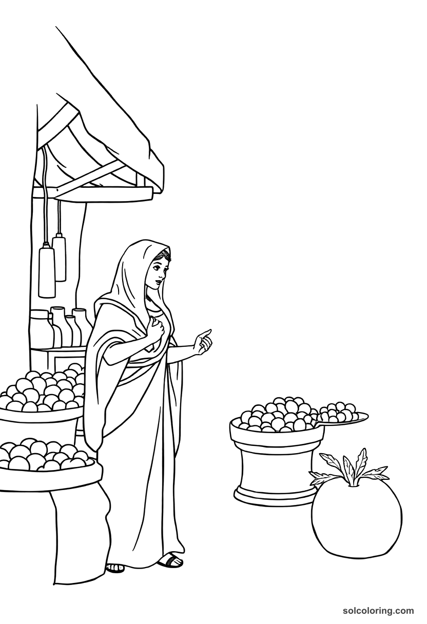 Simple The wily Delilah the Schemer in the marketplace coloring page, free printable simple style