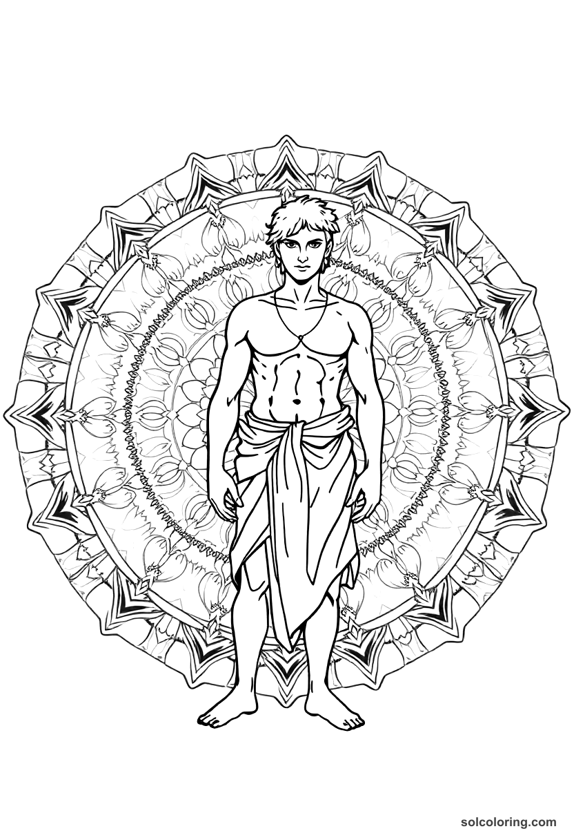 Mandala The young man half turned to stone from the waist down coloring page, free printable mandala style