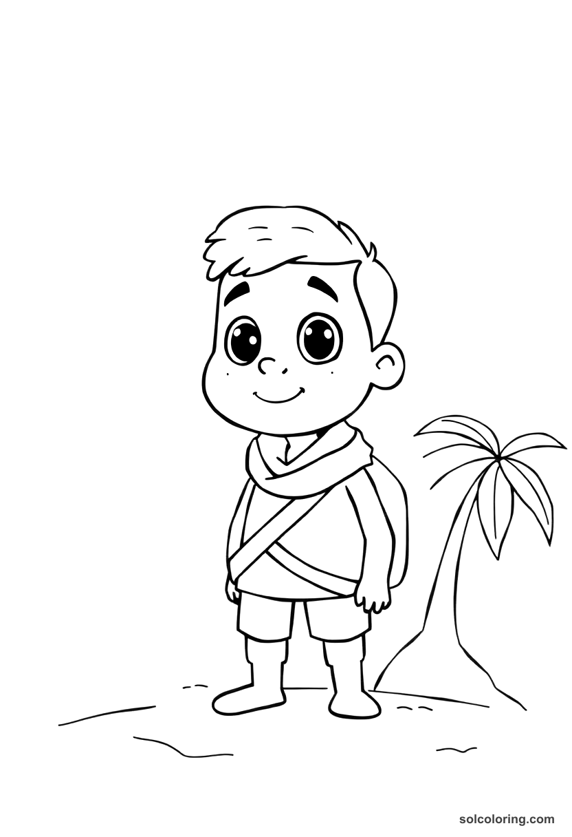 Cute Cartoon The young man rescued from a deserted island coloring page, free printable cute cartoon style