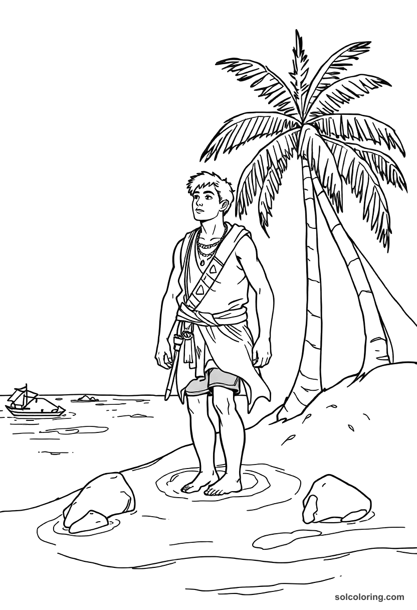 The young man rescued from a deserted island coloring page, free printable detailed style