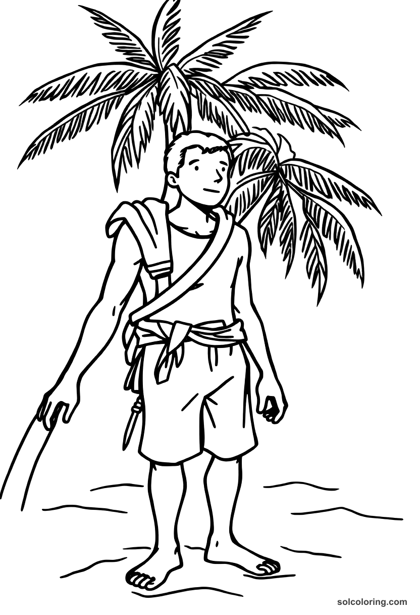 Simple The young man rescued from a deserted island coloring page, free printable simple style
