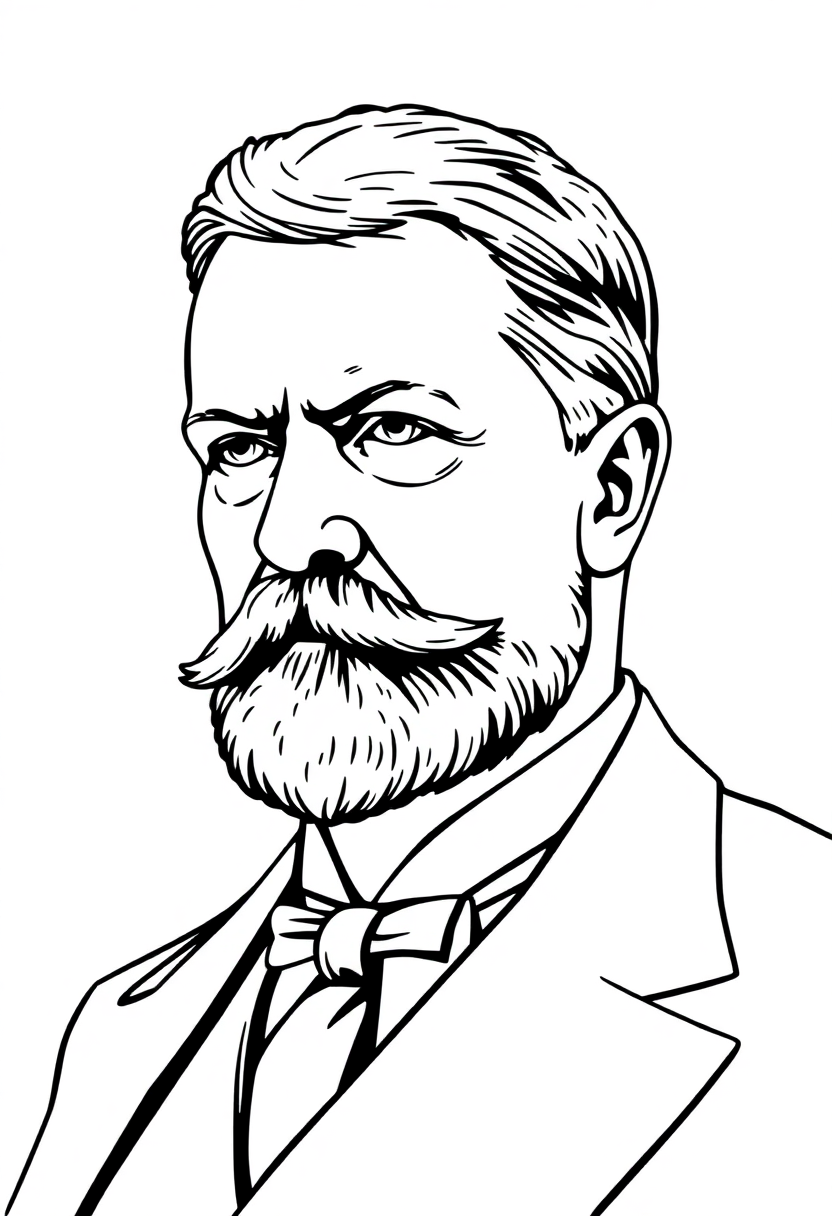 Theodore Roosevelt portrait coloring page showing the president in cute chibi style with bold black outlines ready to color