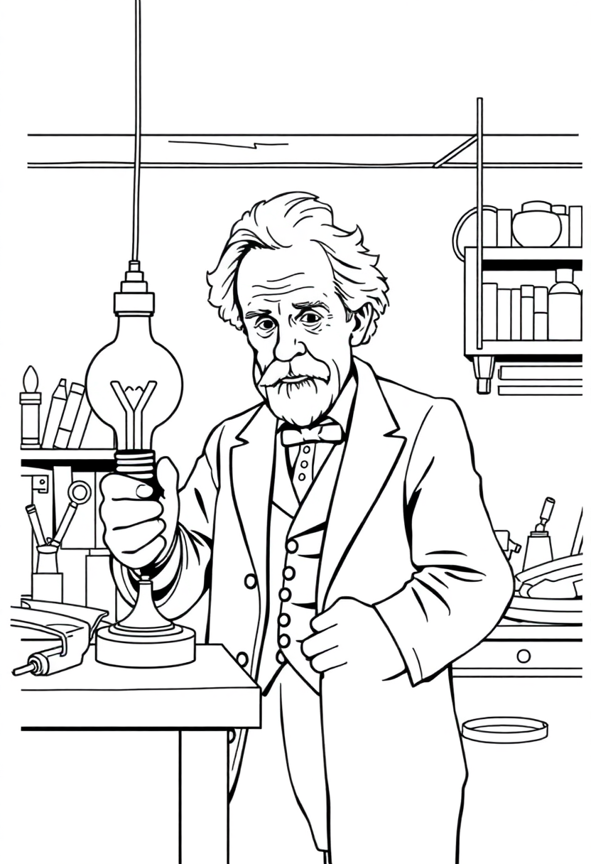 Thomas Edison In Workshop With Light Bulb coloring page