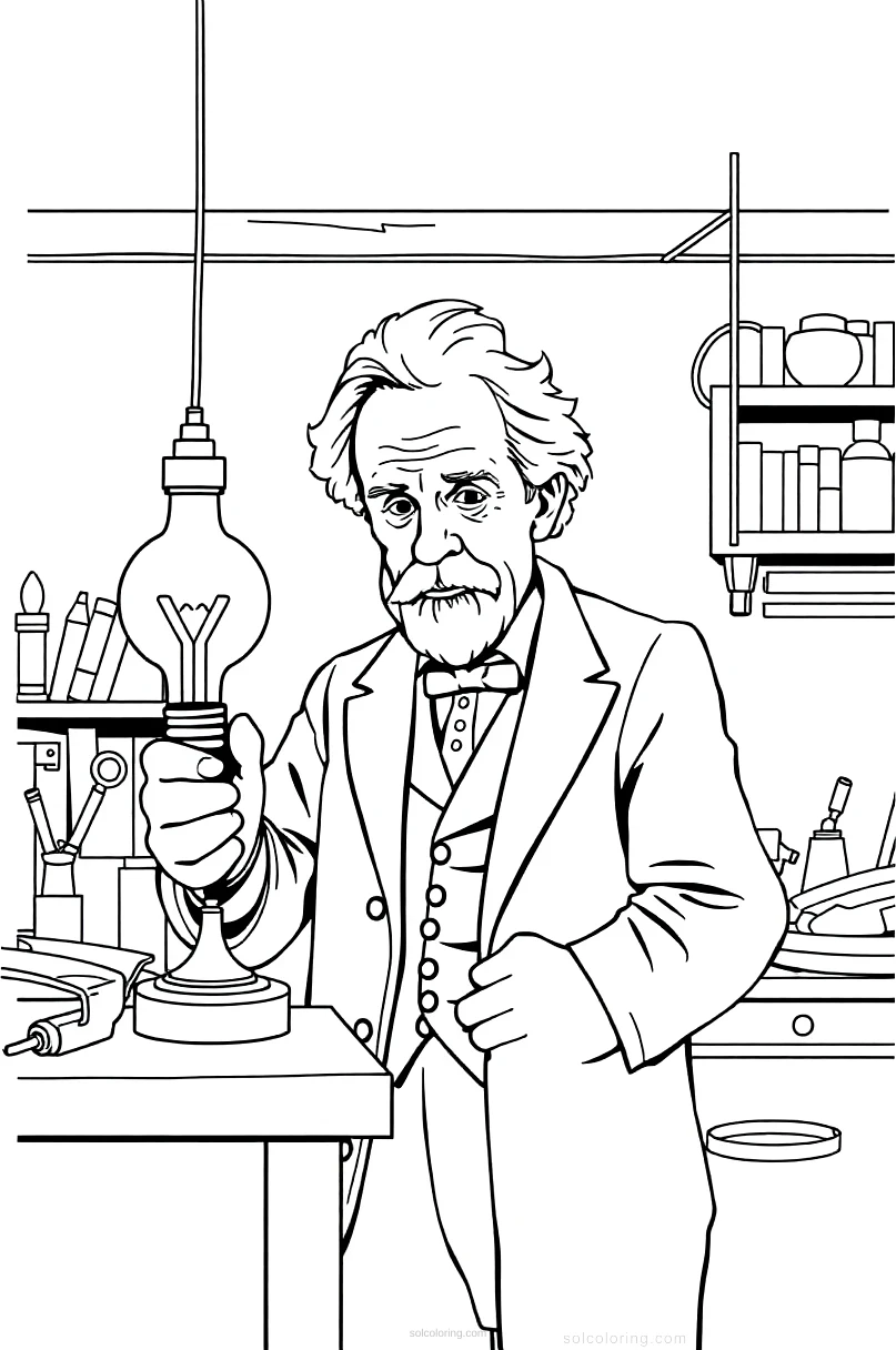 Thomas Edison in Workshop with Light Bulb coloring page for kids