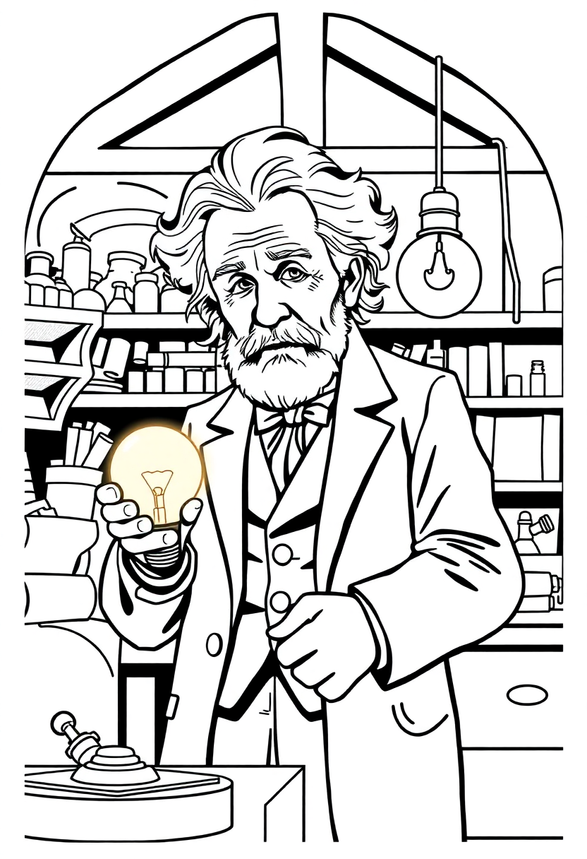 Thomas Edison in Workshop with Light Bulb coloring page, free printable