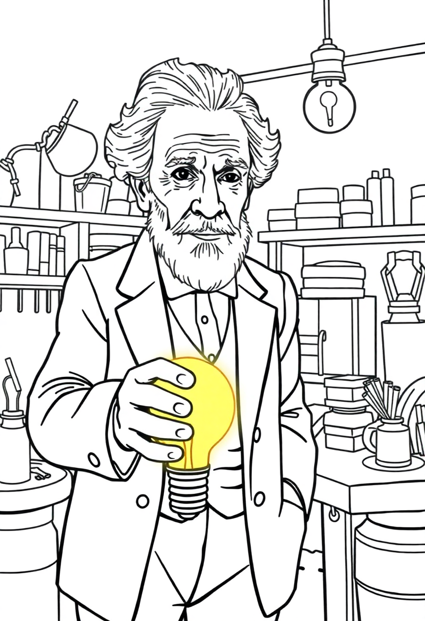Thomas Edison in Workshop with Light Bulb coloring page, free printable