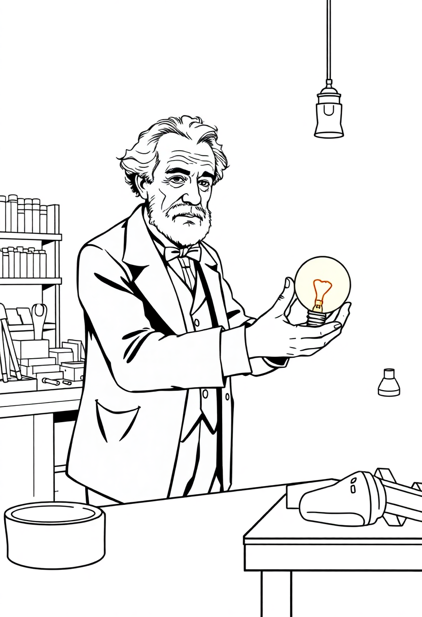 Thomas Edison in Workshop with Light Bulb coloring page, free printable