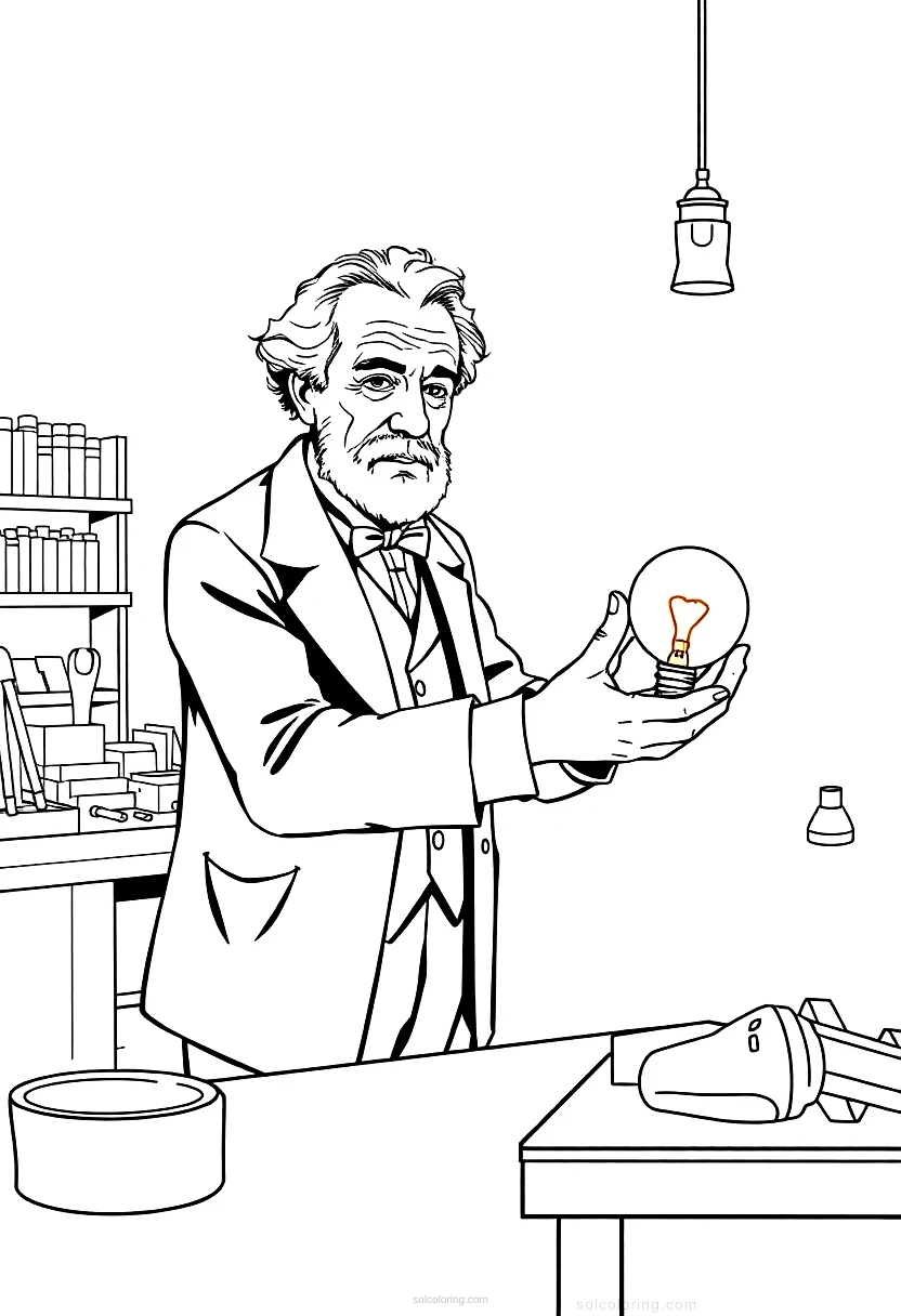 Thomas Edison in Workshop with Light Bulb coloring page for kids