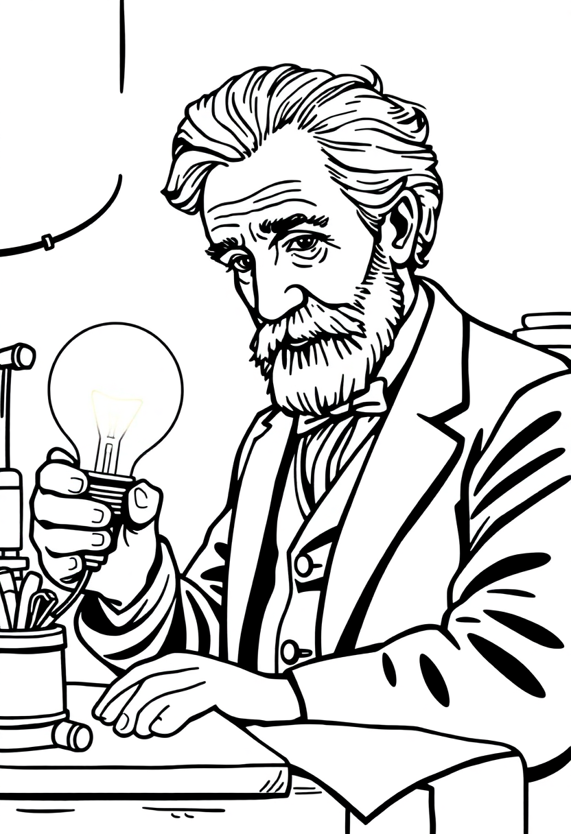 Thomas Edison In Workshop With Light Bulb coloring pages