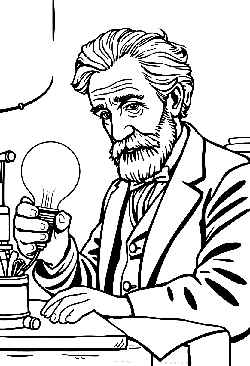 Thomas Edison In Workshop With Light Bulb coloring pages
