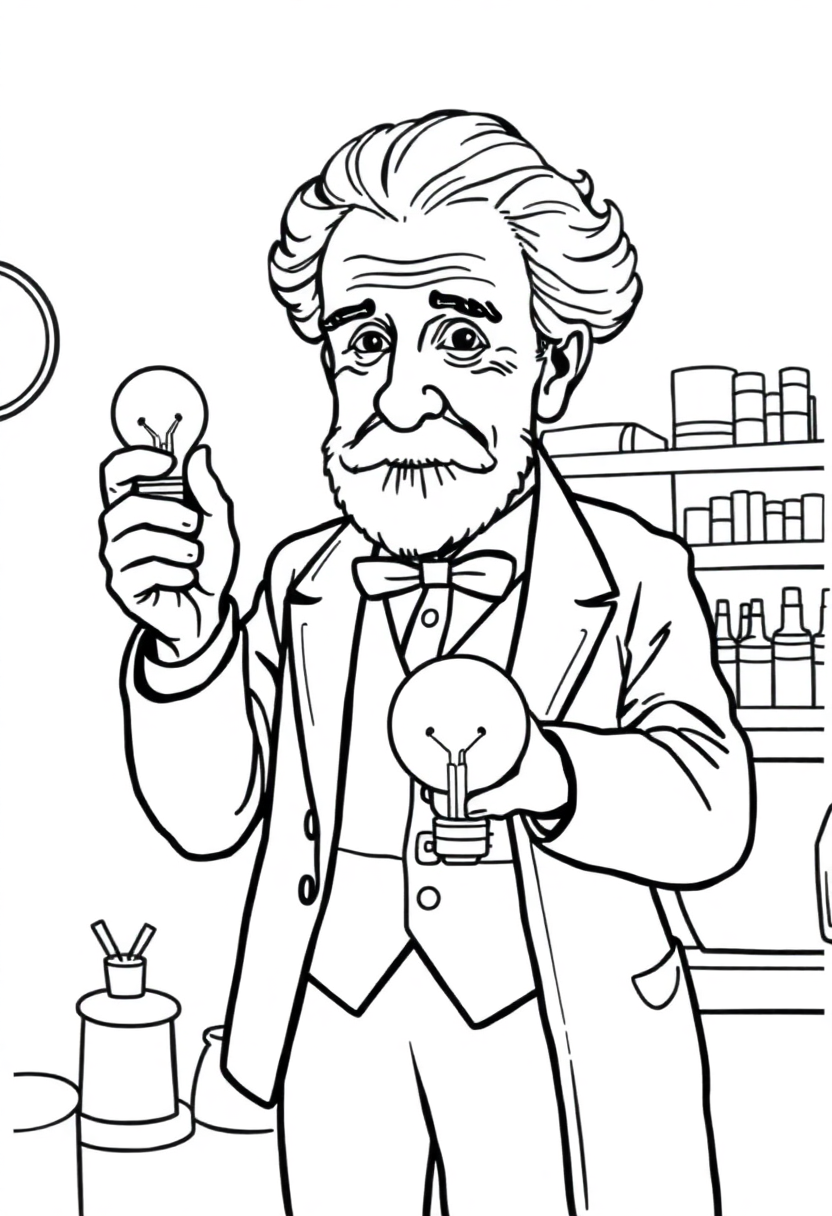 Thomas Edison in Workshop with Light Bulb coloring page, free printable