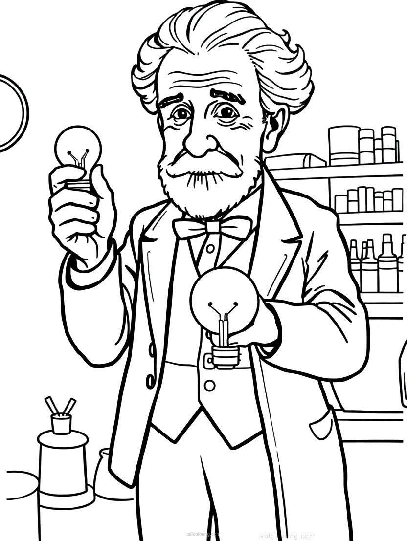 Thomas Edison in Workshop with Light Bulb coloring page for kids