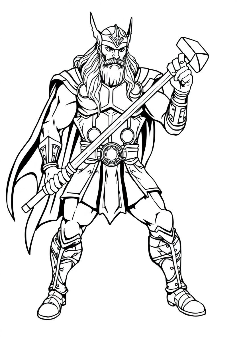 Thor with Hammer coloring page, free printable