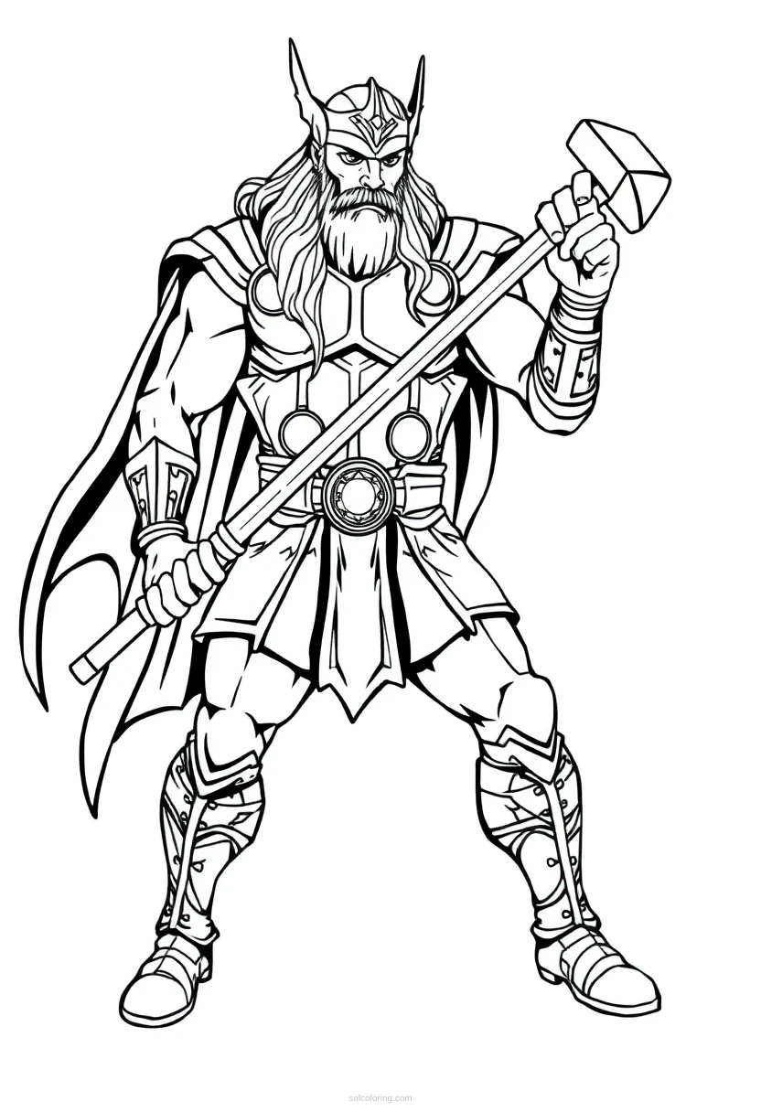 Thor with Hammer coloring page for kids