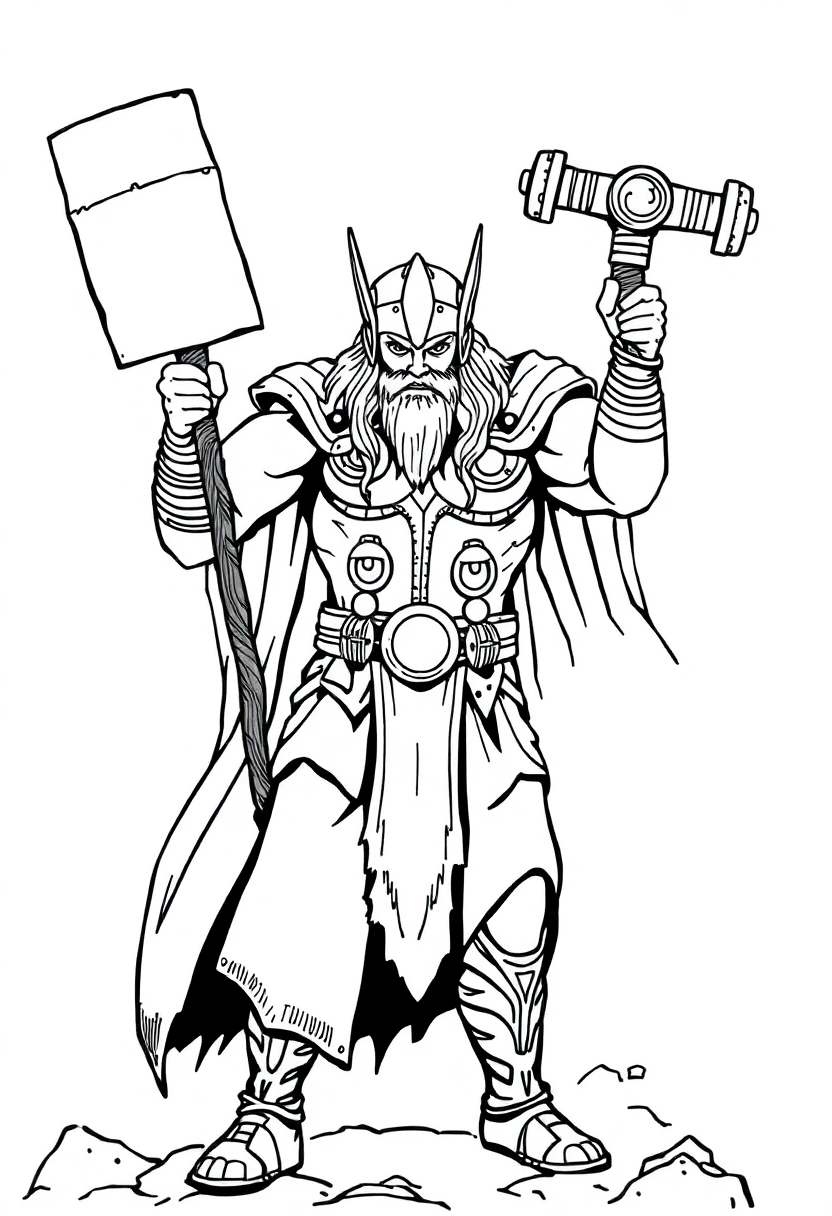 Thor with Hammer coloring page, free printable