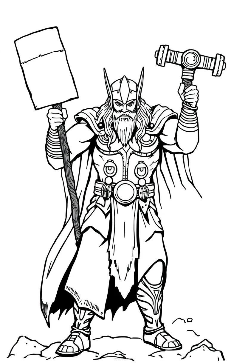 Thor with Hammer coloring page for kids