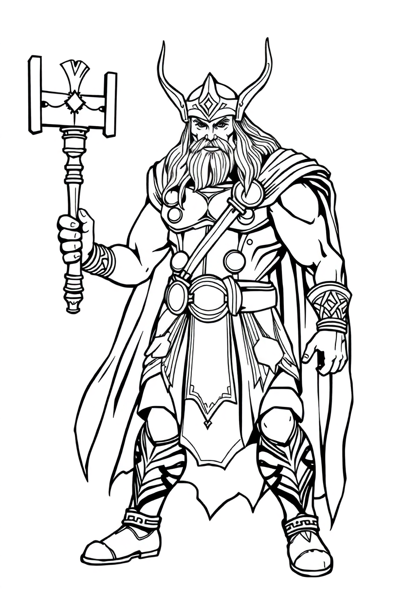 Thor with Hammer coloring page, free printable