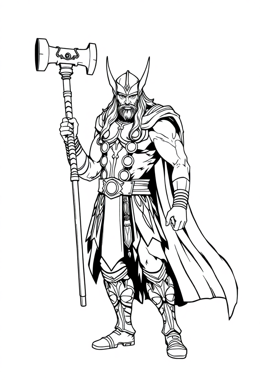Thor with Hammer coloring page, free printable