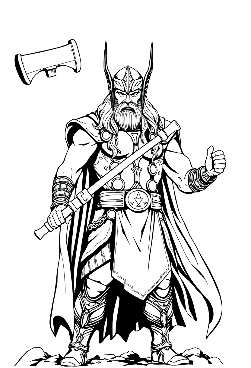 Thor with Hammer coloring page, free printable