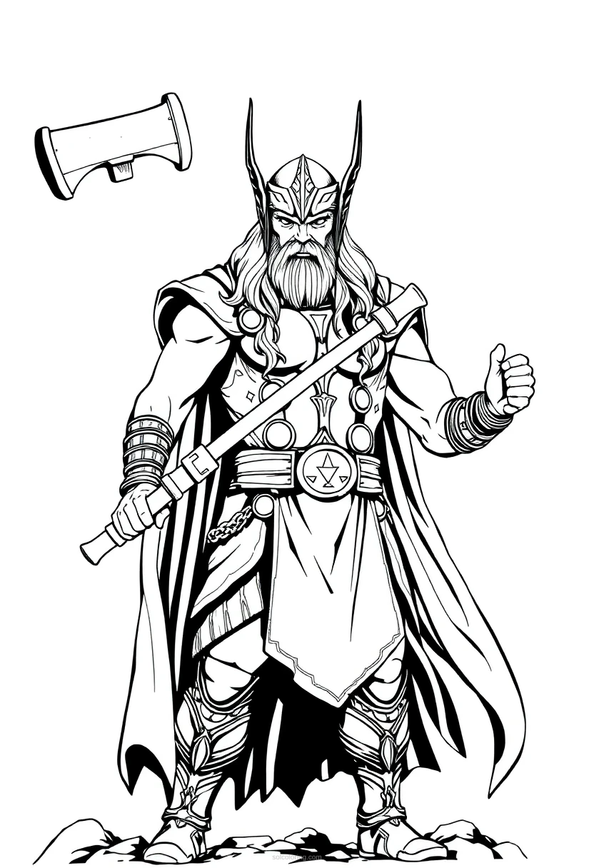 Thor with Hammer coloring page for kids