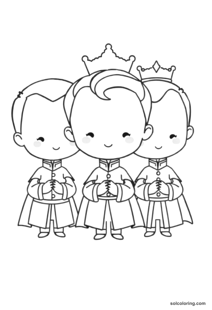 Chibi Three princes competing for the princess's hand coloring page, free printable chibi style