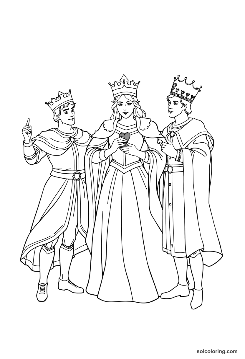 Three princes competing for the princess's hand coloring page, free printable detailed style