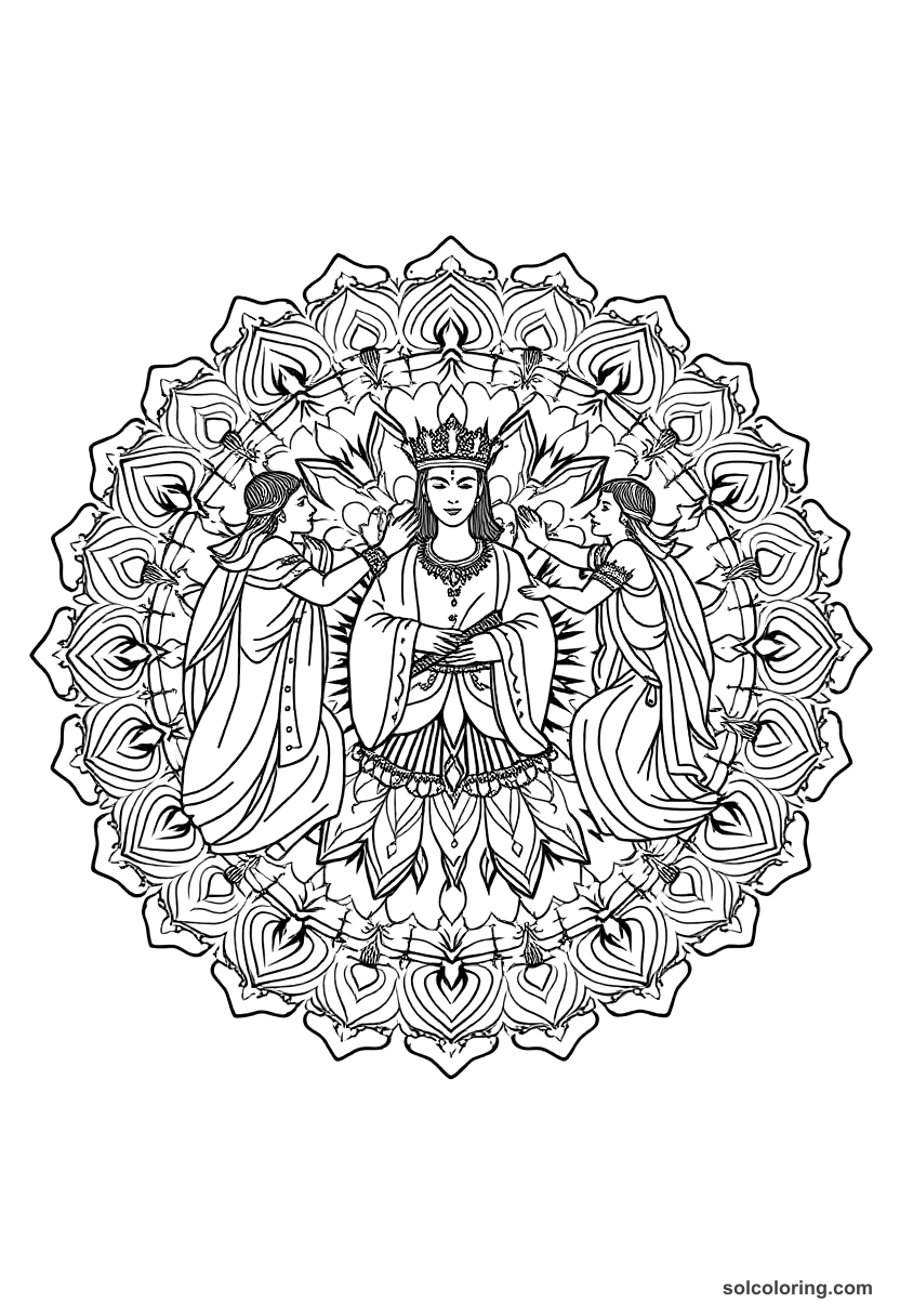 Mandala Three princes competing for the princess's hand coloring page, free printable mandala style