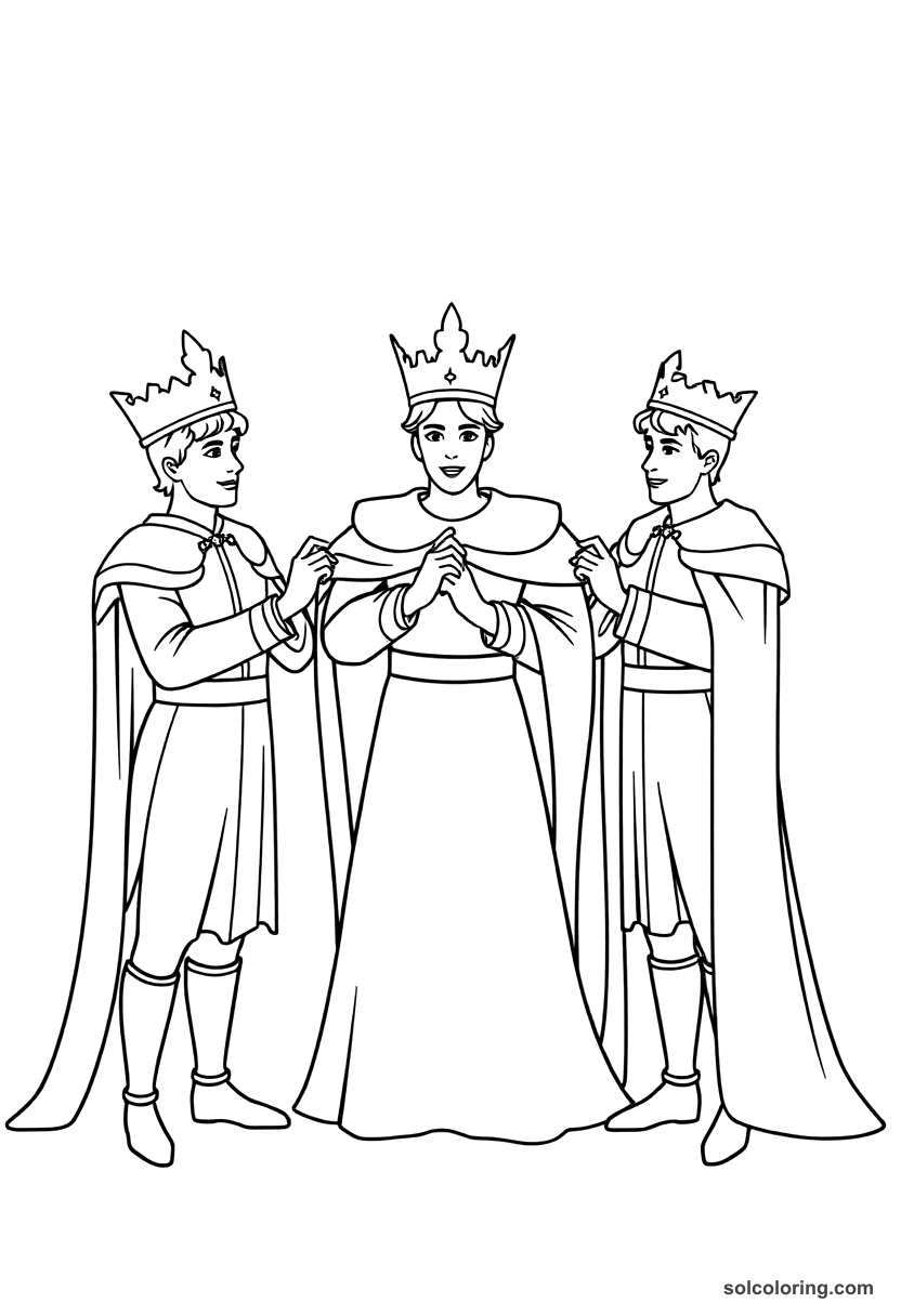 Simple Three princes competing for the princess's hand coloring page, free printable simple style