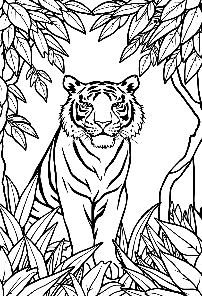 Tiger in Jungle coloring page for kids