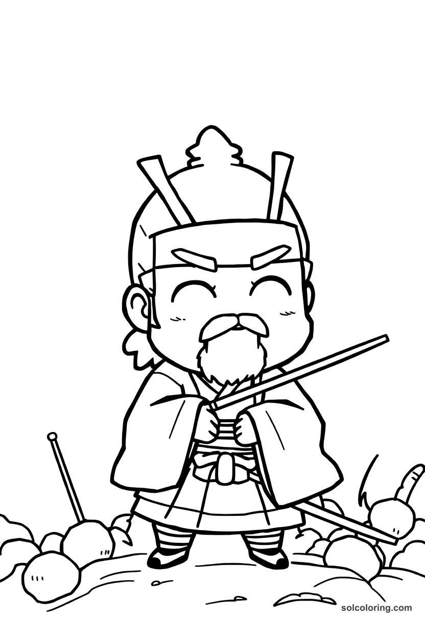 Chibi Tokugawa Ieyasu at the Battle of Sekigahara coloring page, free printable chibi style
