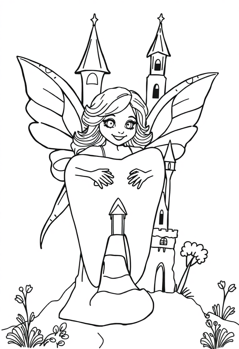 Tooth Fairy with Castle coloring page, free printable