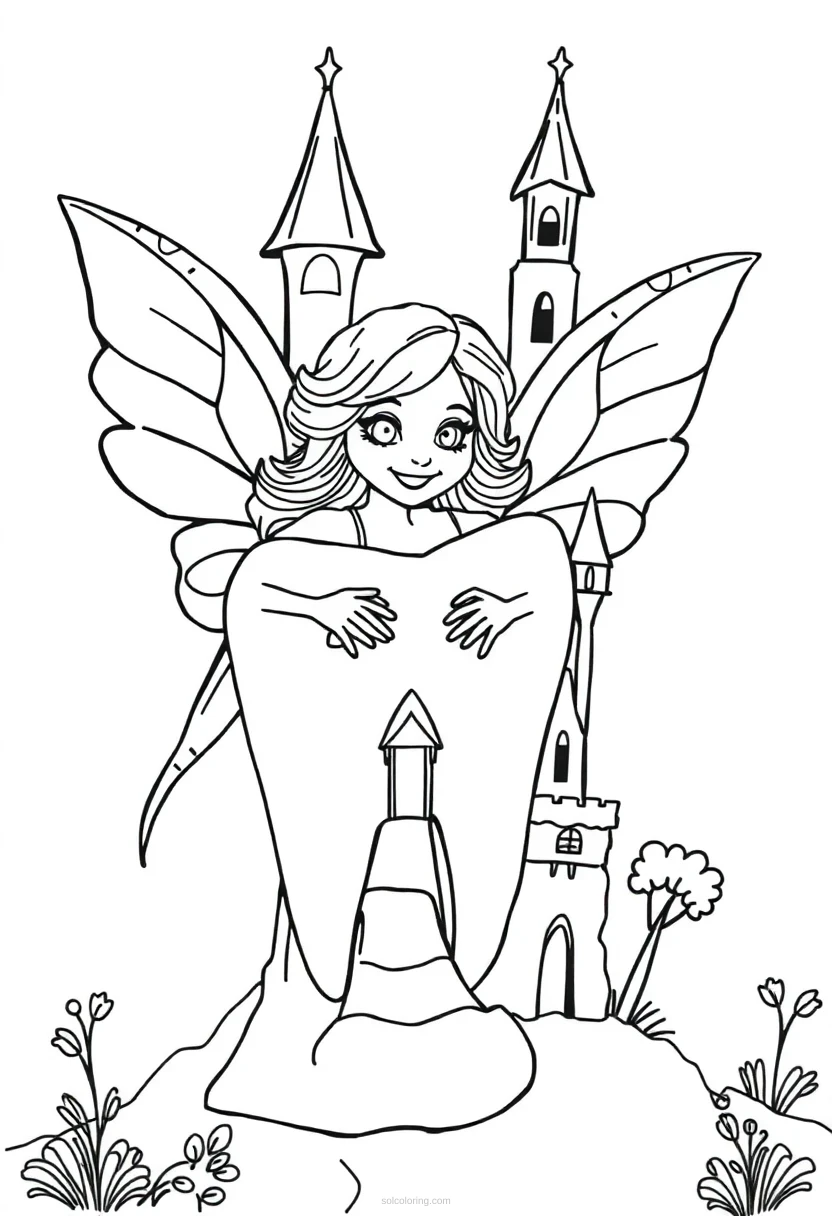 Tooth Fairy with Castle coloring page for kids