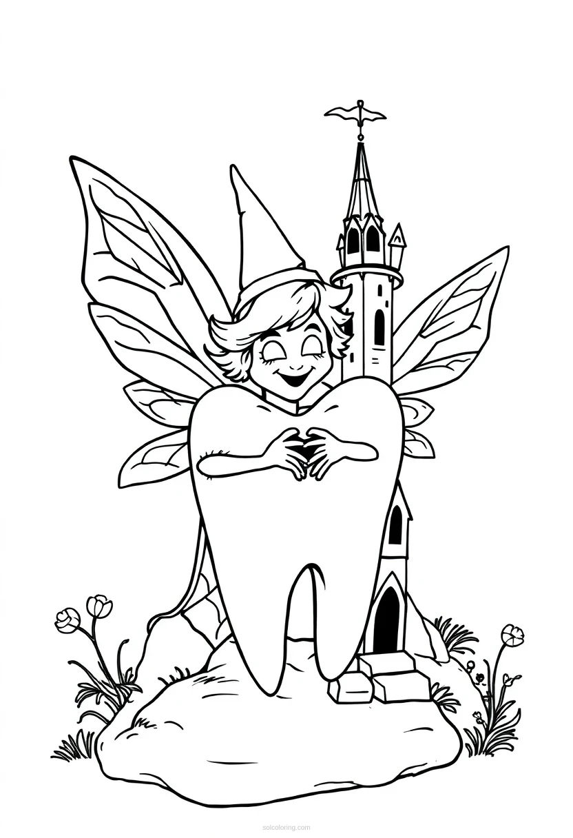 Tooth Fairy with Castle coloring page for kids