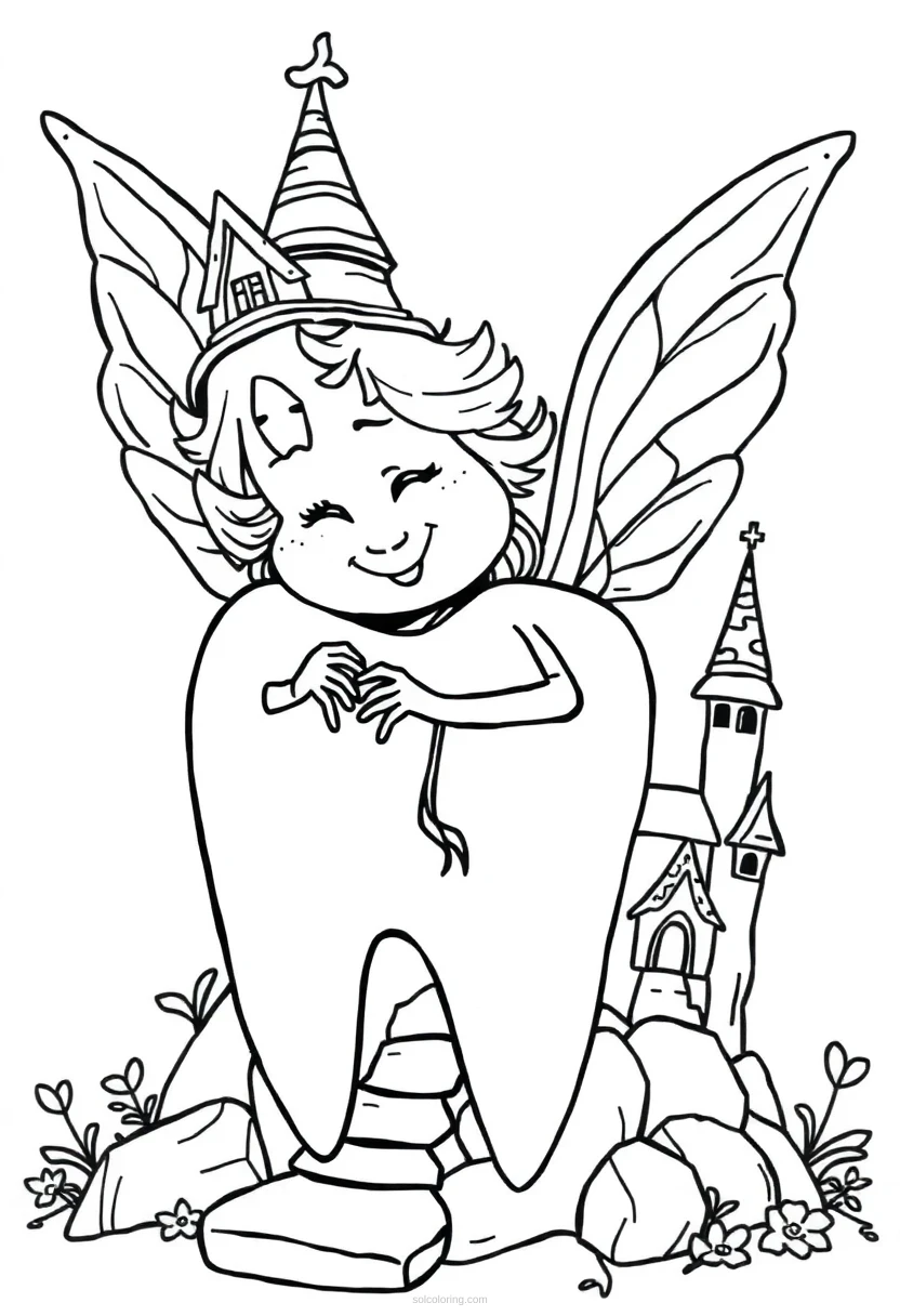 Tooth Fairy with Castle coloring page for kids