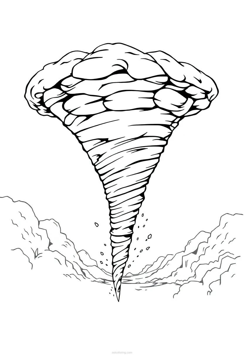 Tornado coloring page showing a large twister with swirling clouds and debris, featuring bold black outlines on white background