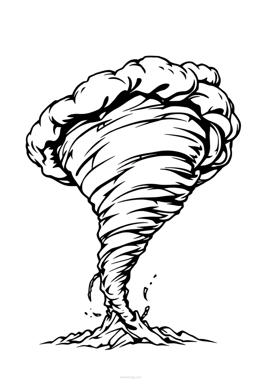 Tornado coloring page showing a funnel cloud with swirling debris and bold outlines for easy coloring