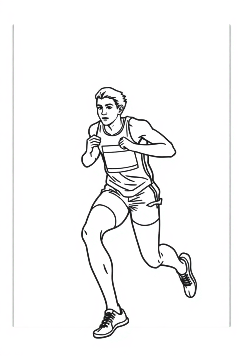 Chibi track and field sprinter coloring page showing cute athlete in running stance with bold outlines for easy coloring