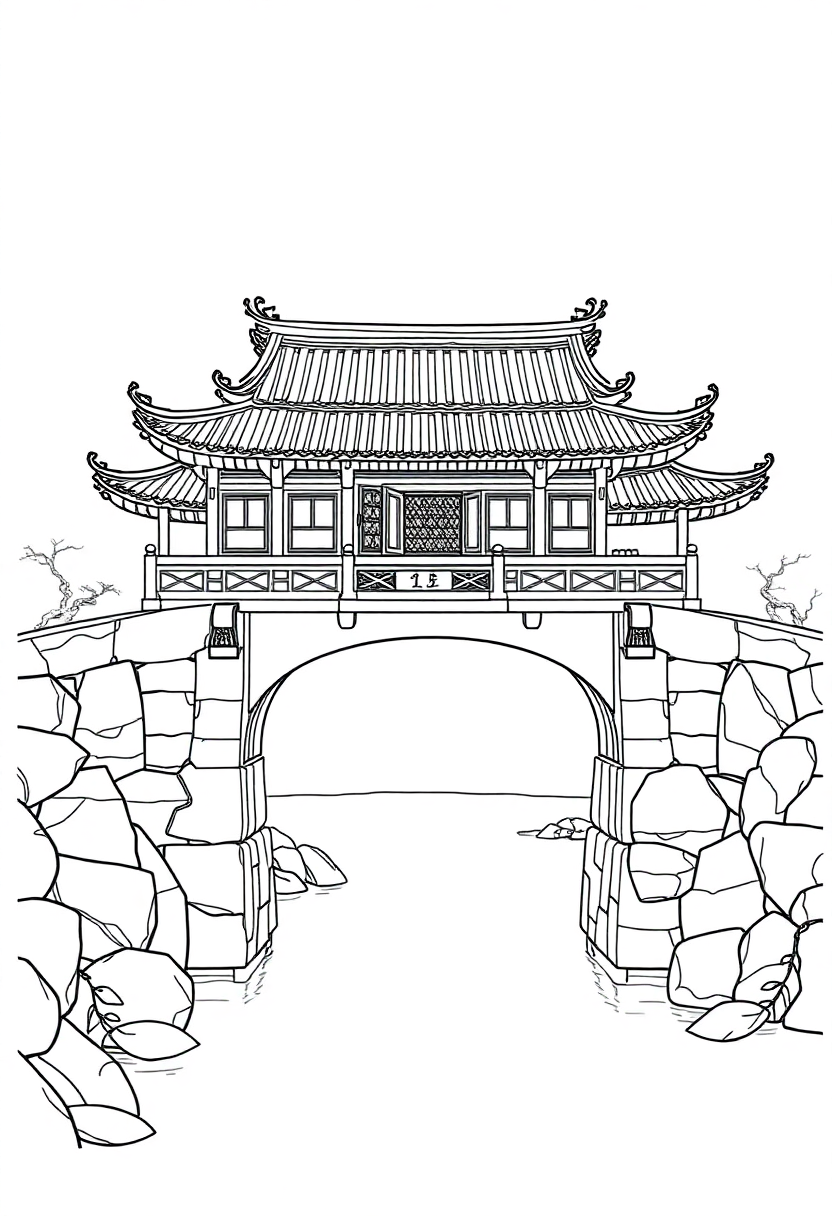 Traditional Chinese Bridge coloring page, free printable