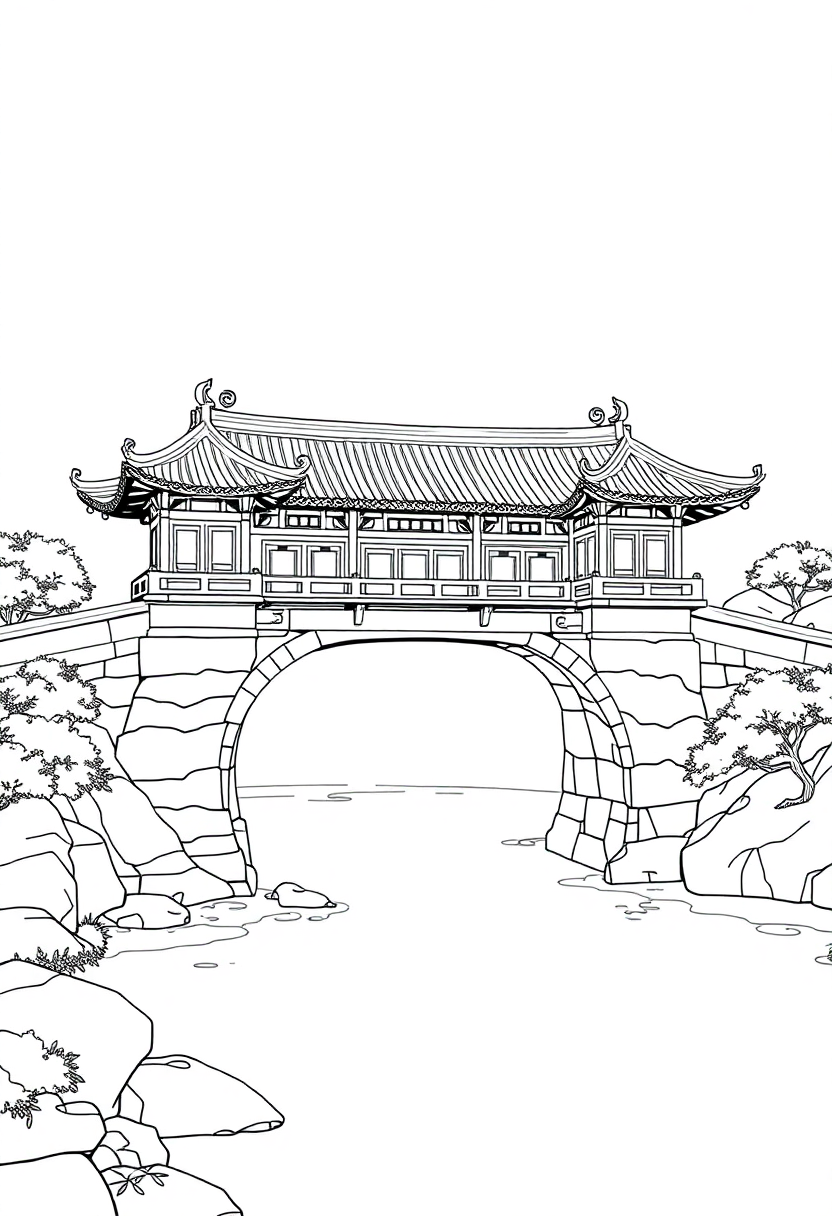 Traditional Chinese Bridge coloring page, free printable