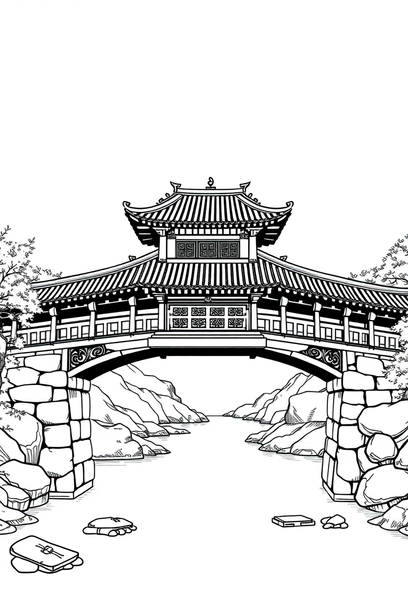 Traditional Chinese Bridge coloring page, free printable