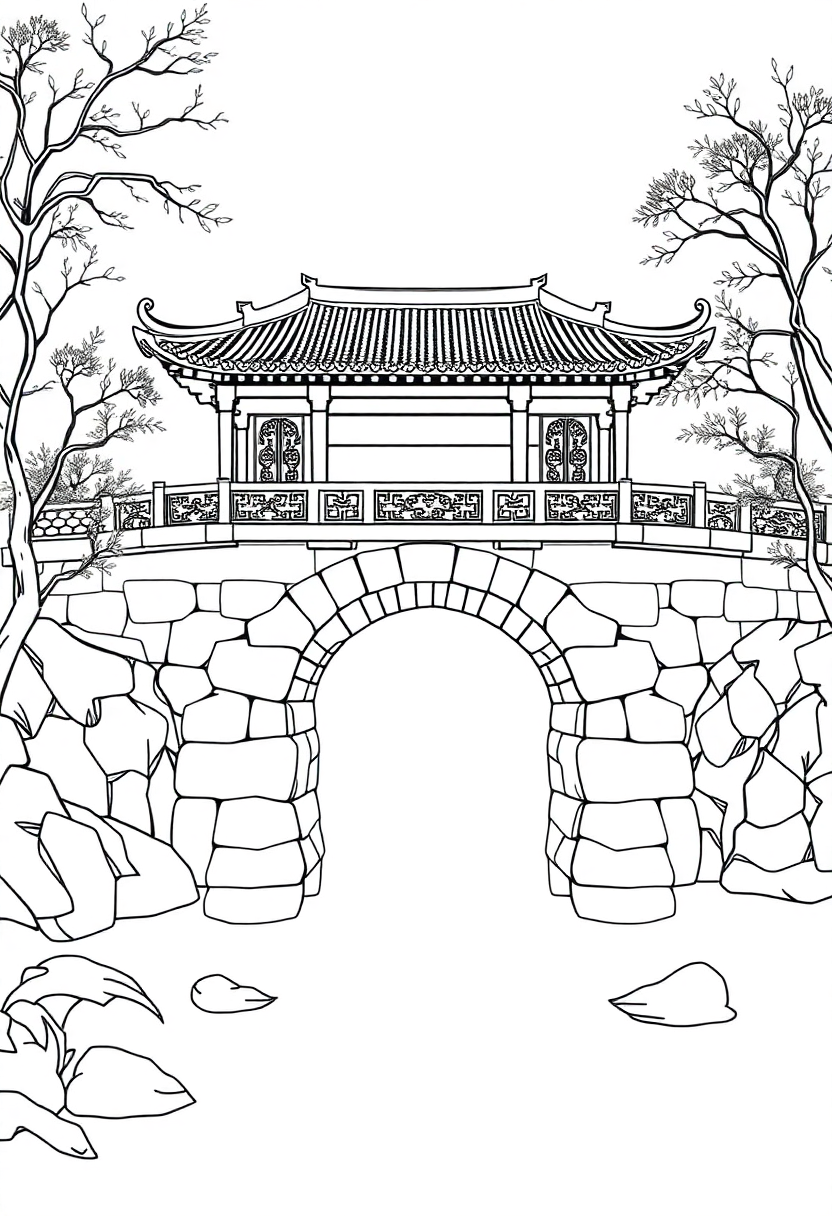 Traditional Chinese Bridge coloring page, free printable