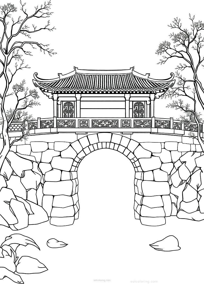 Traditional Chinese Bridge coloring page for kids