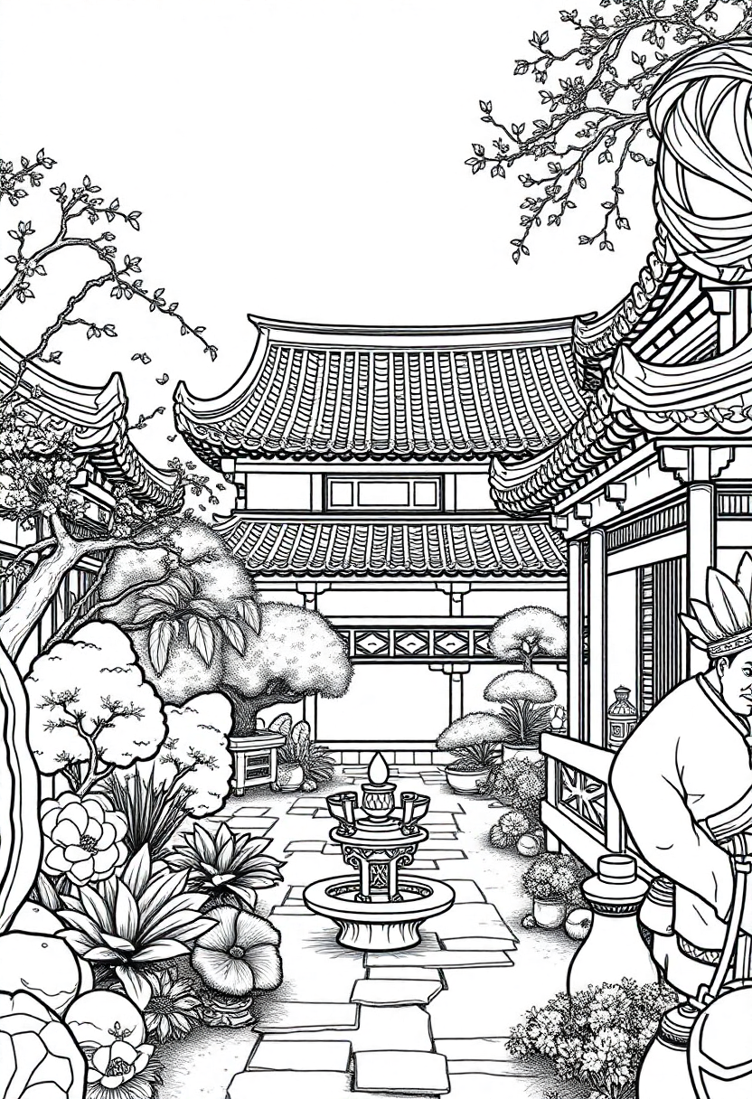 Traditional Chinese Garden coloring page, free printable
