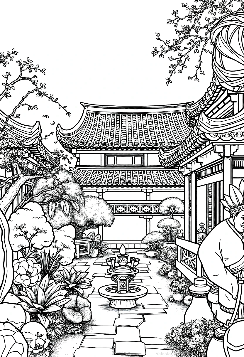 Traditional Chinese Garden coloring page for kids