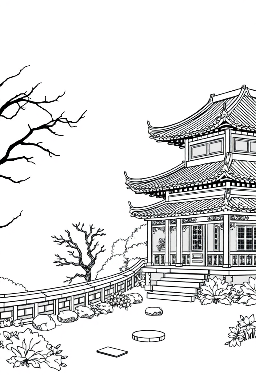 Traditional Chinese Garden coloring page, free printable