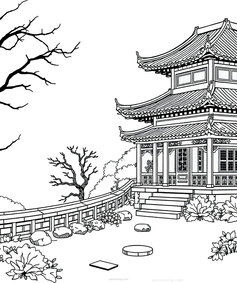 Traditional Chinese Garden coloring page for kids