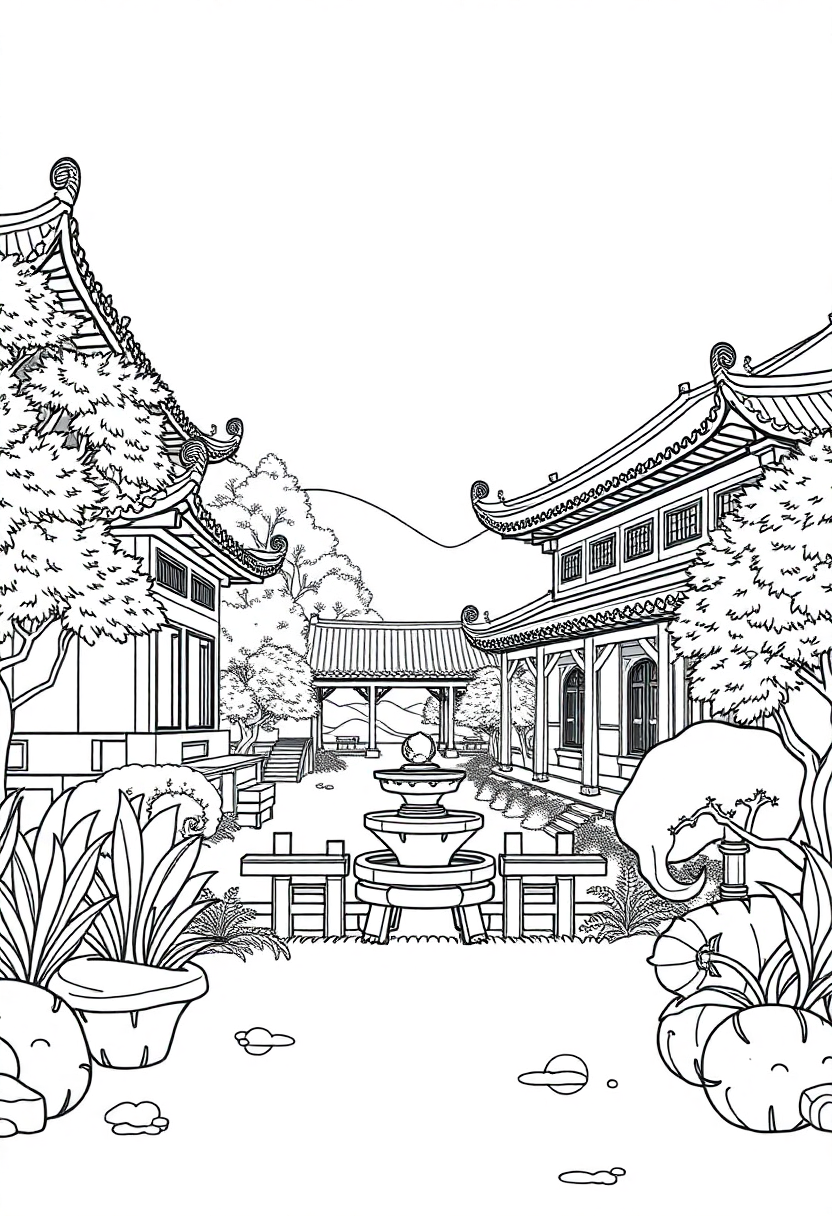 Traditional Chinese Garden coloring page, free printable