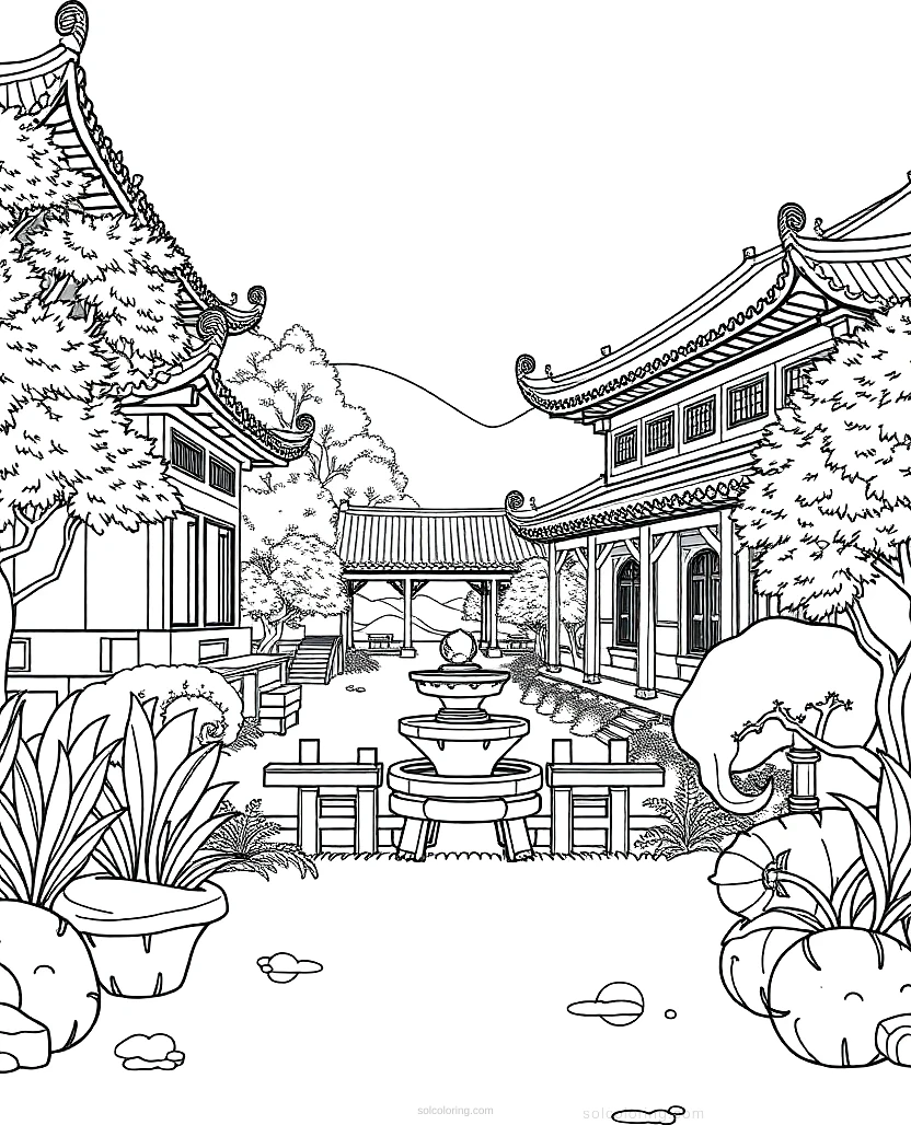 Traditional Chinese Garden coloring page for kids
