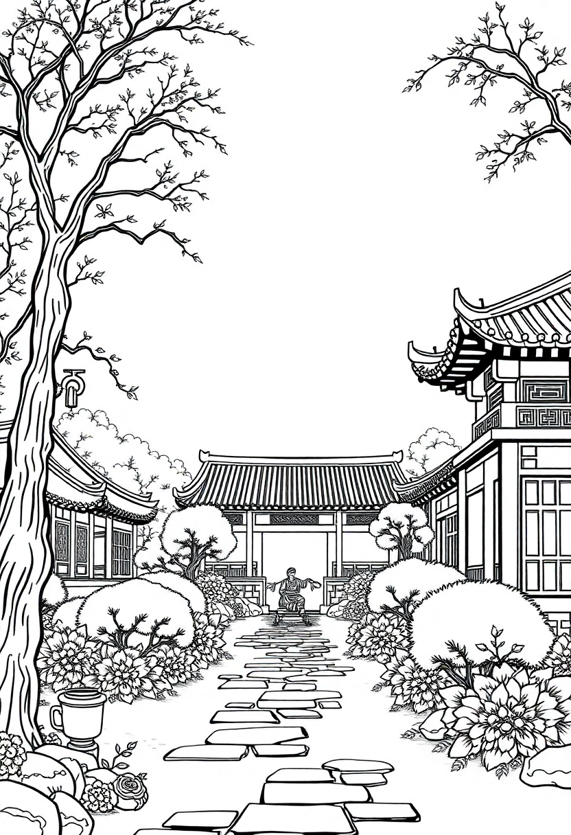 Traditional Chinese Garden coloring page, free printable