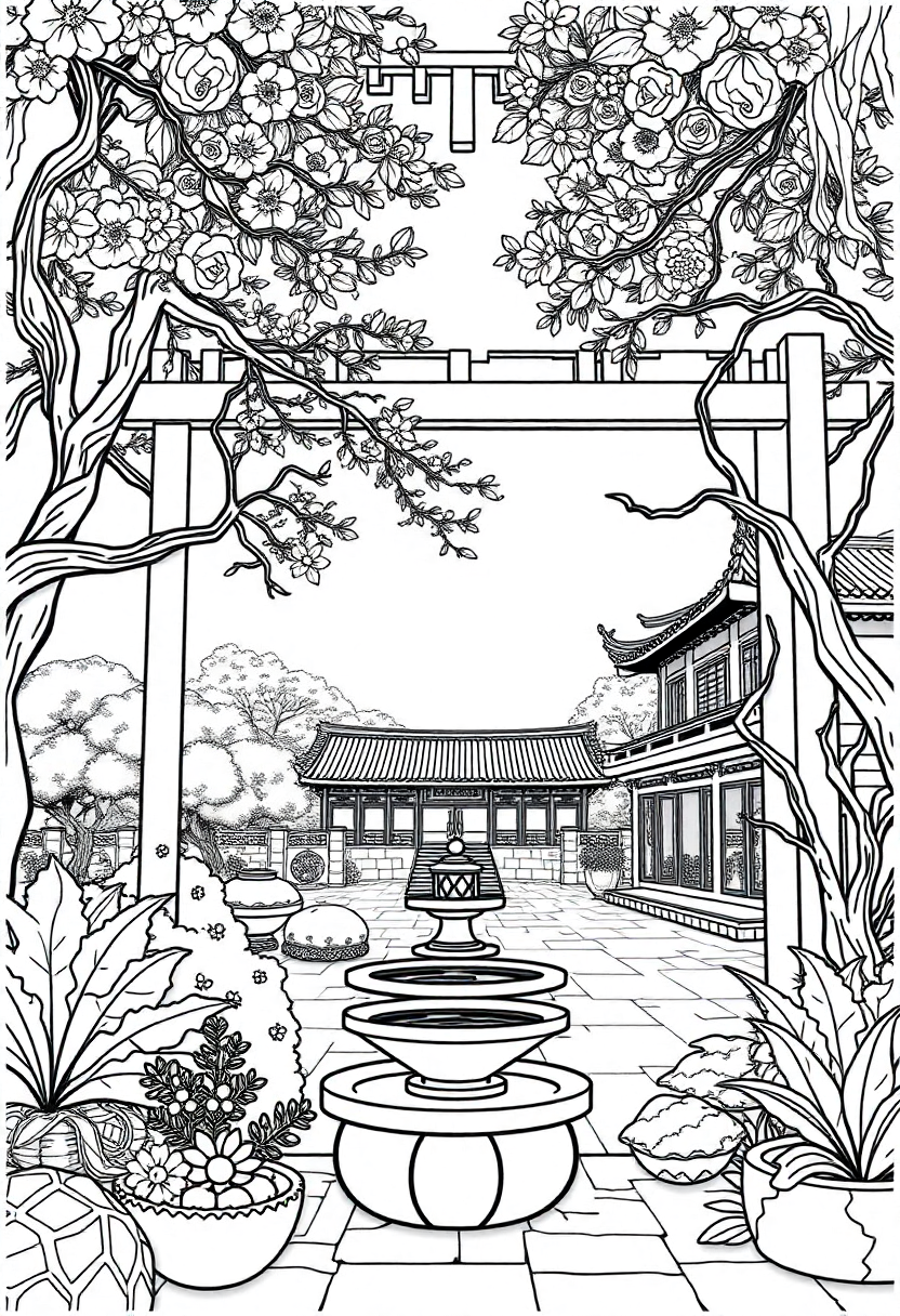 Traditional Chinese Garden coloring page, free printable